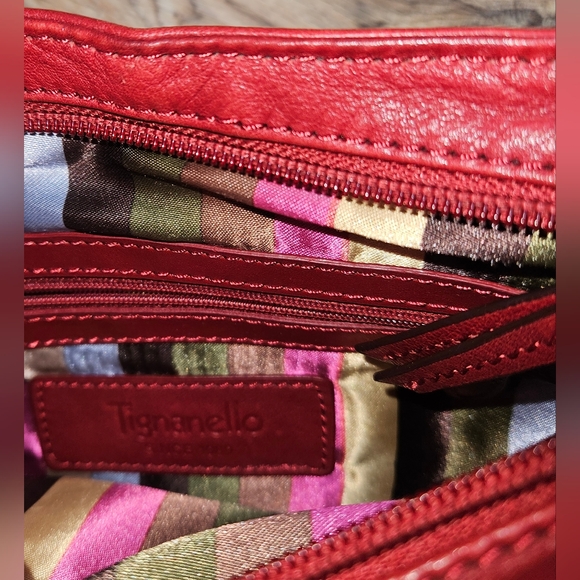 Tignanello Red Leather Purse Crossbody Bag Silvertone Zippers Classic Casual - Picture 3 of 4